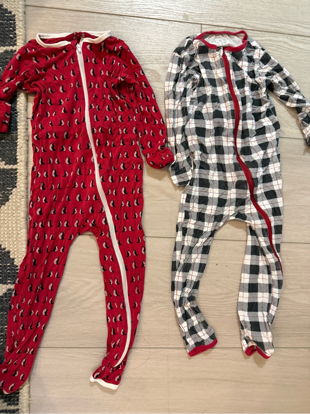 Kickee Pants Red Penguin Print Footed Pajama and Black White Plaid One-Piece Set